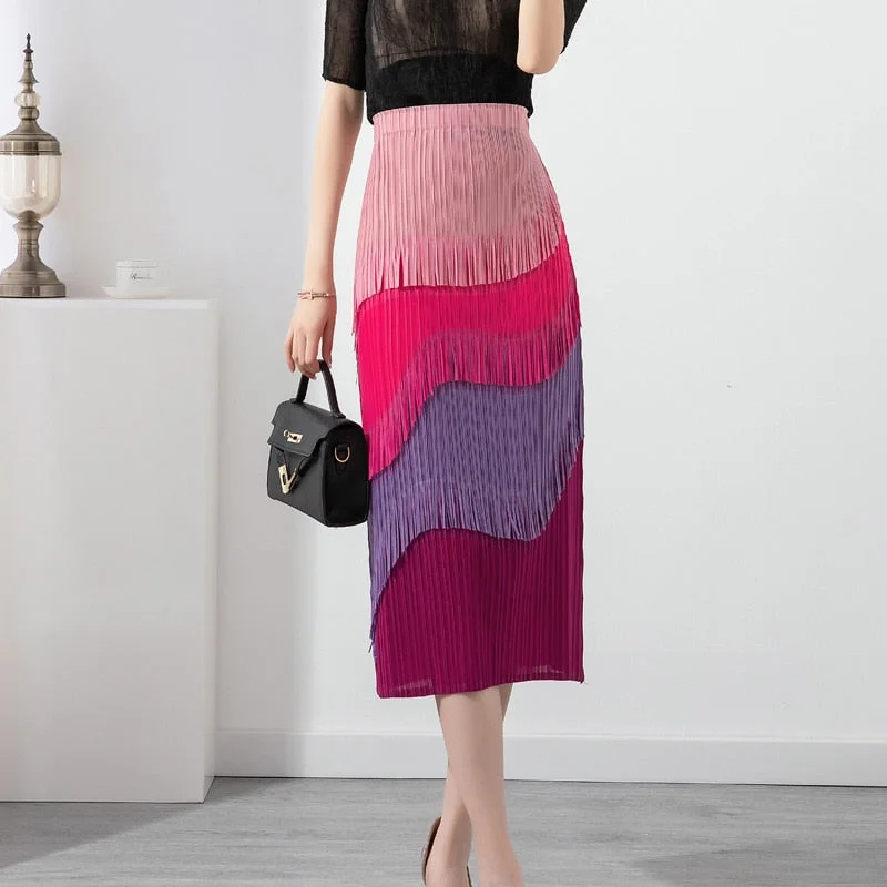 Miyake Pleated Color Block Tassel Layered Skirt button skirt front