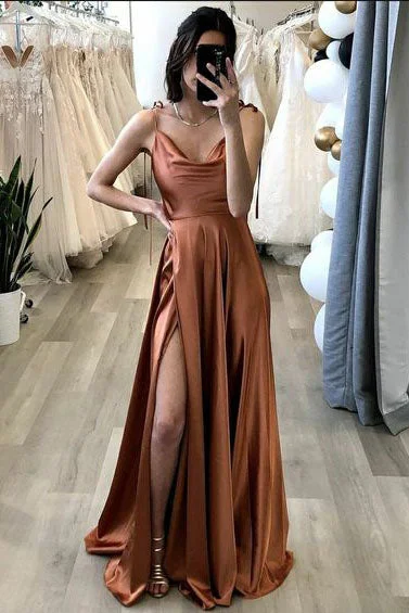 A Line Brown Long Prom Dress With Slit Simple Evening Party Dress OK1301 Tunics Satin smooth A Line Brown Long Prom Dress With Slit Simple Evening Party Dress OK1301 Tunics Satin smooth