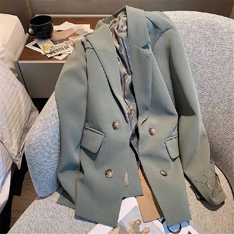 Loose Solid Blazer Office Ladies Women Korea Autumn Jacket Casual Pockets Female Suits Coat Outerwear Bomber Jacket Anorak Windbreaker