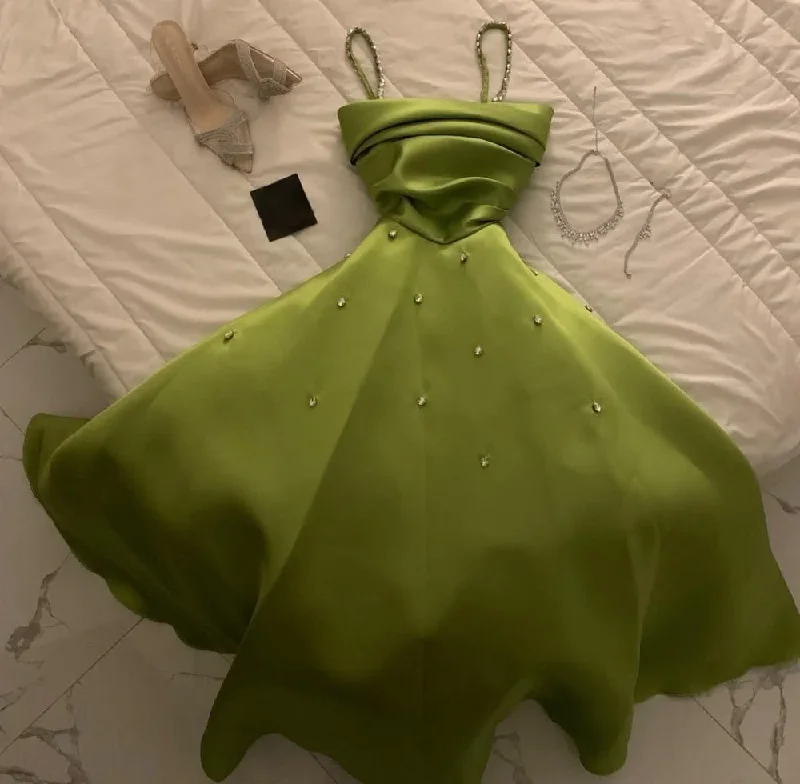 Green Spaghetti Straps A-Line Satin Long Party Dress with Beadings, DP3508 Tunics Chinos classic