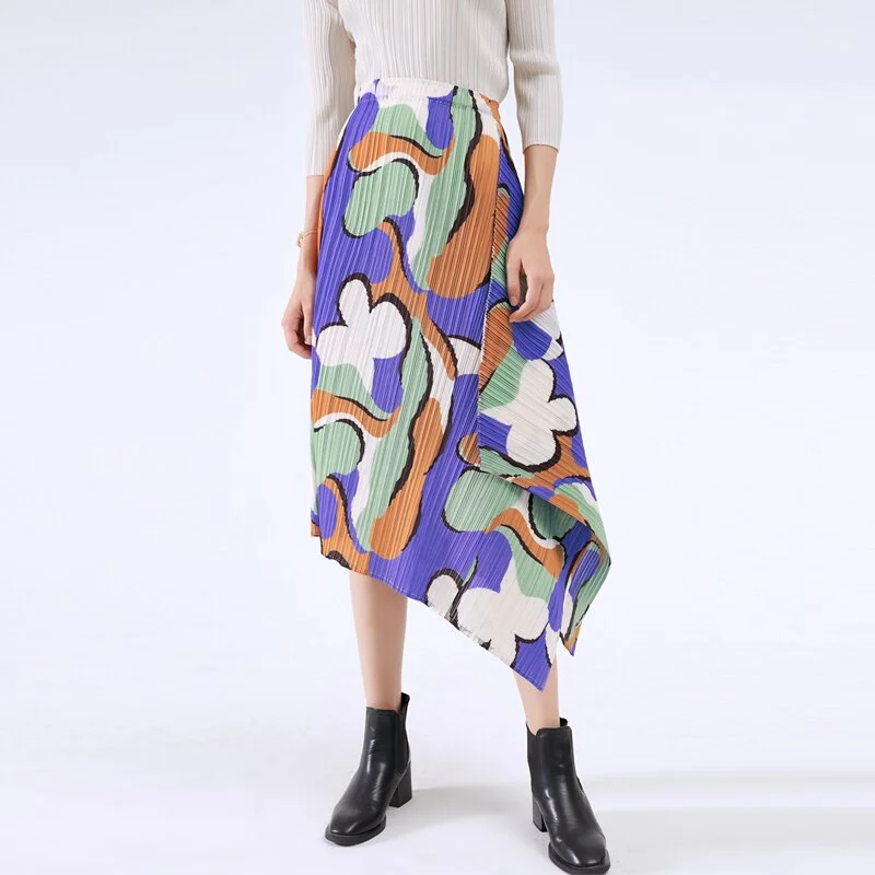 Miyake Pleated Floral Print Asymmetrical Skirt athletic skirt fit