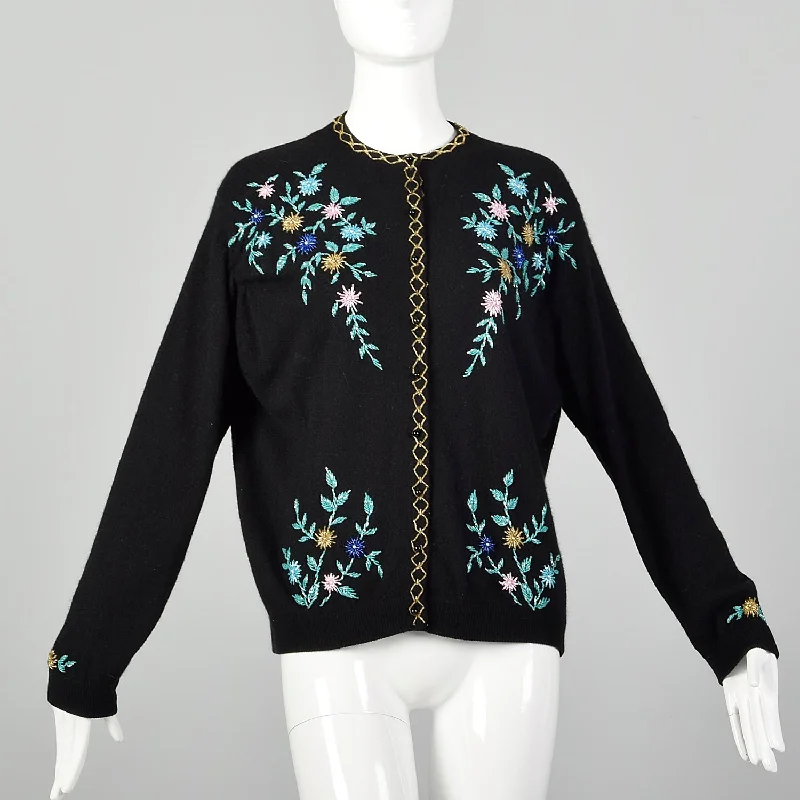 Medium-XXL 1960s Black Beaded Cardigan Sweater Velvet Chenille Corduroy