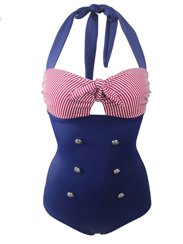 Stripe Patchwork Halter One-Piece Swimsuit Bold Color Swimsuit