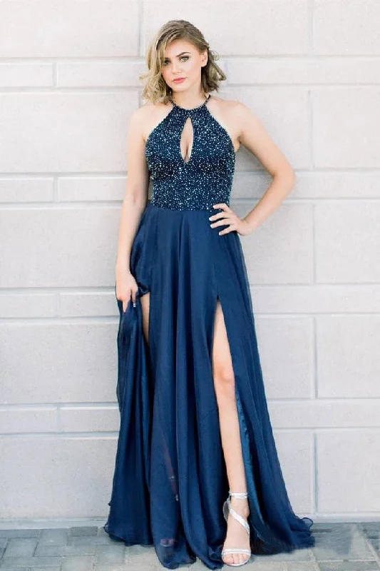 Halter Beaded Navy Blue Long Prom Dress with Slit Elegant Formal Party Dress OK7 Cowl Neckline Elegant Halter Beaded Navy Blue Long Prom Dress with Slit Elegant Formal Party Dress OK7 Cowl Neckline Elegant