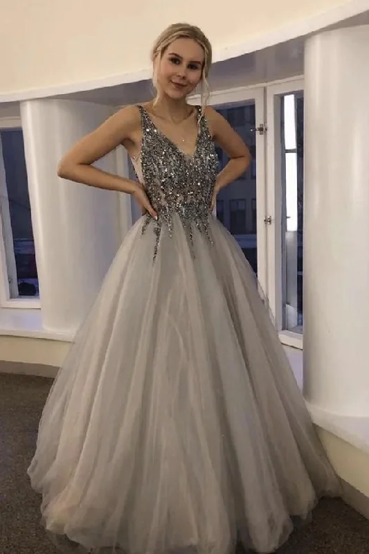 A Line V Neck Tulle Grey Sequins Long Prom Dresses Evening Party Dresses OK1801 Tunics Summer linen A Line V Neck Tulle Grey Sequins Long Prom Dresses Evening Party Dresses OK1801 Tunics Summer linen