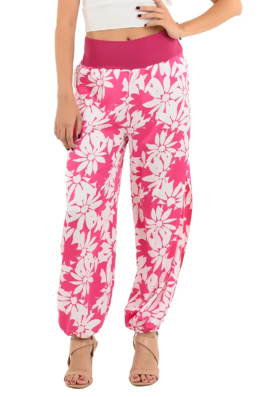 Fuchsia Floral Satin Babucha Tango Pants Stylish Harem Pants