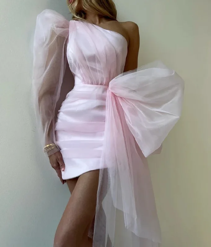 Pink One Shoulder Satin Tulle Short Party Dress, DP2627 Tunics New arrival