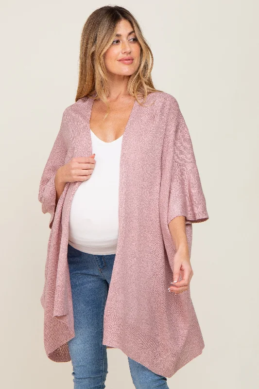 Mauve Knit Open Front Maternity Cardigan Real Fur Shearling Chenille