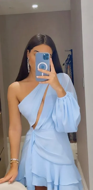 Light Blue One Shoulder Chiffon Short Party Dress Homecoming Dress, DP3538 Turtleneck Neckline Stylish Light Blue One Shoulder Chiffon Short Party Dress Homecoming Dress, DP3538 Turtleneck Neckline Stylish