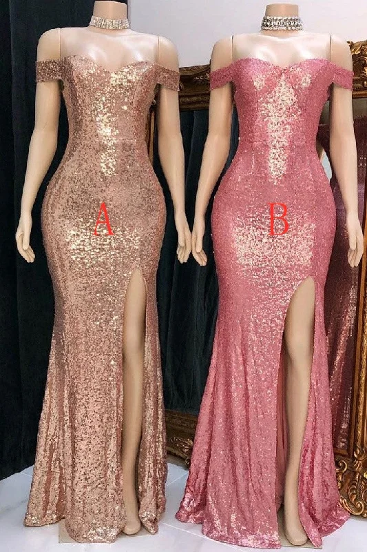 Glitter Off The Shoulder Front Split Long Party Dress Simple Prom Dress OK19 Bodycon Fitted Nightout Glitter Off The Shoulder Front Split Long Party Dress Simple Prom Dress OK19 Bodycon Fitted Nightout