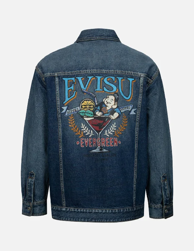 Playful Godhead Print Loose Fit Denim Shirt Jacket Collared Jacket Crew Neck Jacket Turtle Neck Jacket
