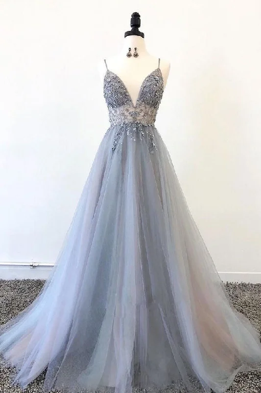 Gray Spaghetti Straps Beaded Tulle A-line Prom Dress Evening Party Dress OKS52 Off-the-shoulder Chic Trendy Gray Spaghetti Straps Beaded Tulle A-line Prom Dress Evening Party Dress OKS52 Off-the-shoulder Chic Trendy