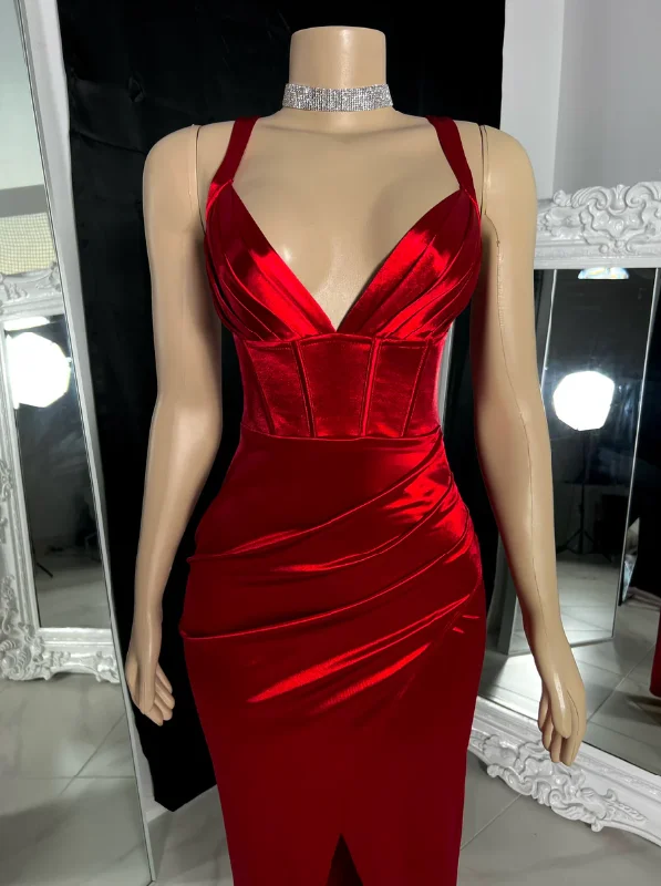 Charming Red Satin Straps Long Party Dress with Slit, DP2608 Tunics Stylish modern