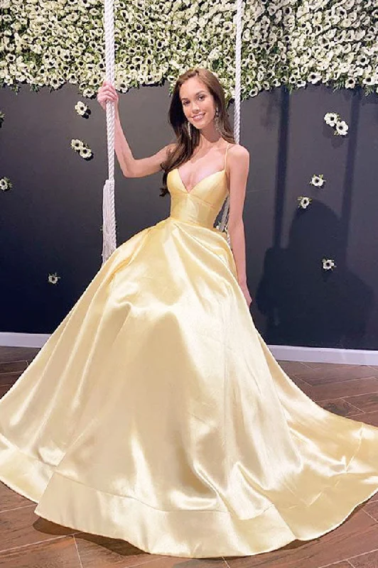 A-line Spaghetti Straps Cross Back Daffodil Satin Long Prom Dress with Train Party Dress with Pockets OKT60 Tunics Top rated A-line Spaghetti Straps Cross Back Daffodil Satin Long Prom Dress with Train Party Dress with Pockets OKT60 Tunics Top rated