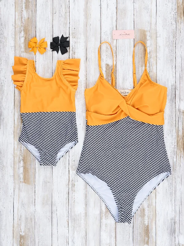 Family Yellow & Black Stripes Swimsuit Lace-Detail Bikini Set
