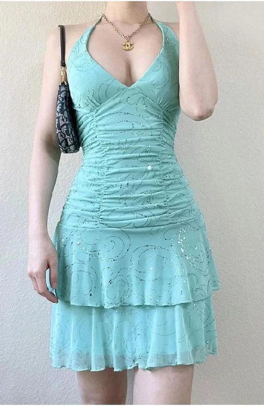 Blue Halter V Neck Shiny Vintage Short Party Dress, DP2515 Tunics Wedding white