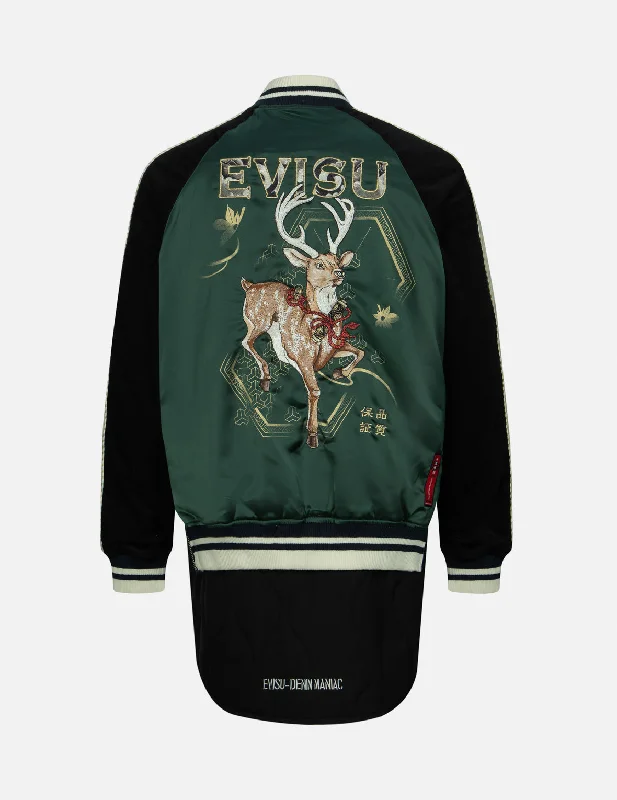Rhinestone Patchwork Deer and Logo Embroidery Loose Fit Souvenir Jacket. Mesh Jacket Canvas Jacket Denim Jacket