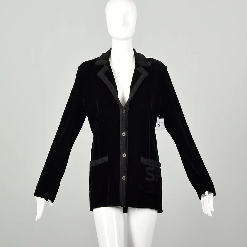 Large 1990s Sonia Rykiel Black Signature Pocket Blazer Velour Cardigan Glossy Satin Silk