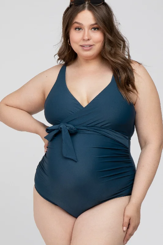 Navy Blue Waist Tie Maternity Plus One-Piece Swimsuit Classic Two-Piece Bikini