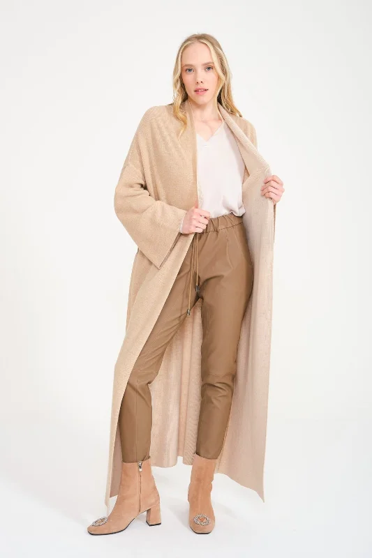 Beige Long Knit Cardigan Fleece Fabric Down Fabric Feather Fabric