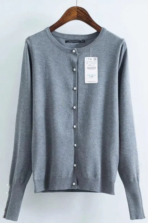 Grey Cardigan with Pearl Buttons Patchwork Embroidered Appliqued