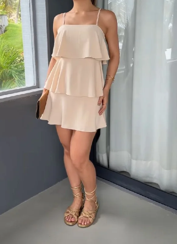 Champagne Straps Tiered Short Party Dress Homecoming Dress, DP3410 Satin Halter Glamorous Champagne Straps Tiered Short Party Dress Homecoming Dress, DP3410 Satin Halter Glamorous