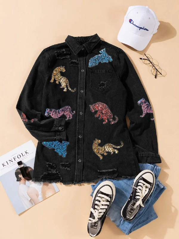 Black Denim Jacket with Rhinestone Tigers Satin Jacket Silk Jacket Chiffon Jacket