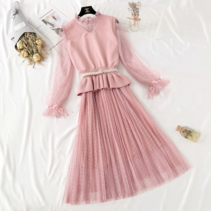 Knee Skirt vest suit two piece set super sweet  2289 cashmere skirt rich