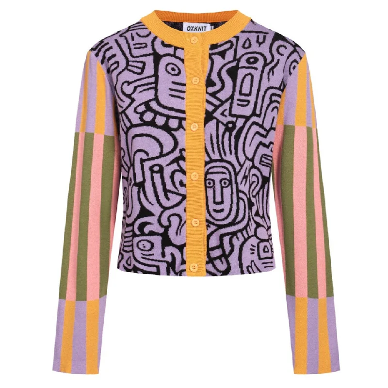 Women's multicolor art vintage cardigan sweater-Cropped Length Terry Terry Cloth Terry Knit