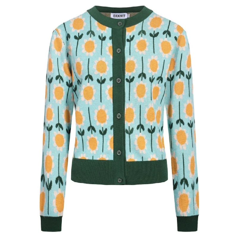 Women's green sunflower cardigan sweater-Cropped Length Handmade Hand-knitted Hand-woven