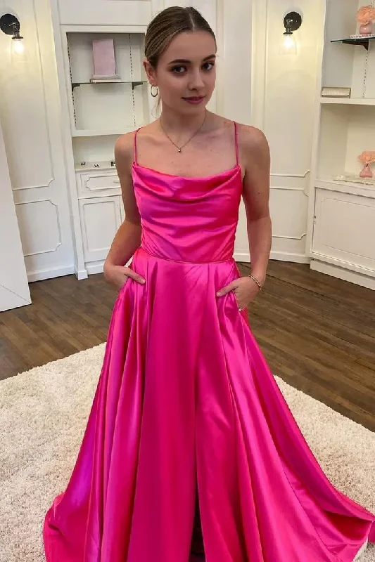 Hot Pink Scoop Neck Satin A-Line Long Party Dress with Slit, DP2622 Tunics Favorite customer Hot Pink Scoop Neck Satin A-Line Long Party Dress with Slit, DP2622 Tunics Favorite customer