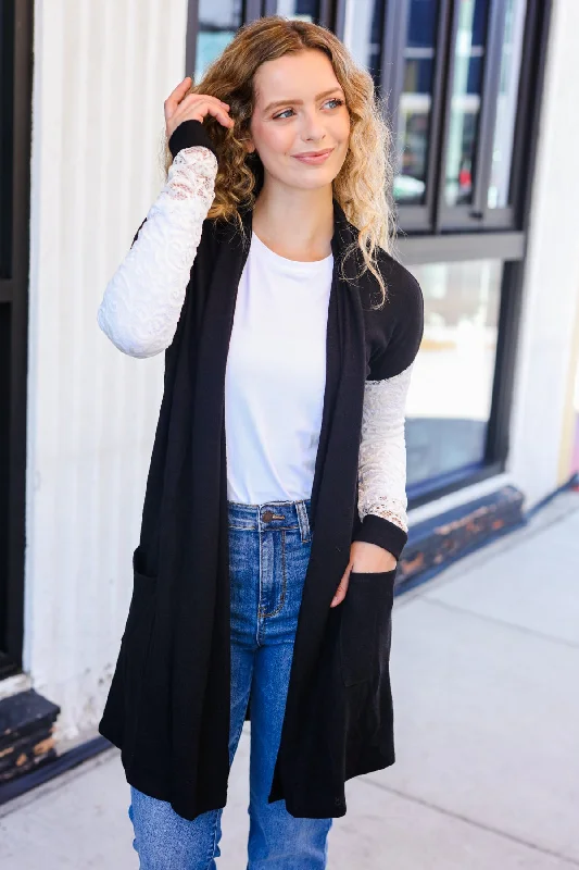 Black Lace Sleeve Pocketed Long Cardigan Sequined Glittery Shiny