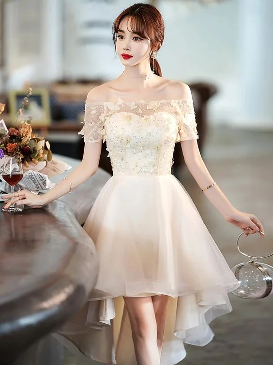 Light Champagne Tulle Short Sleeves High Low Homecoming Dress, Short Party Dress c3174 Tunics Running lightweight