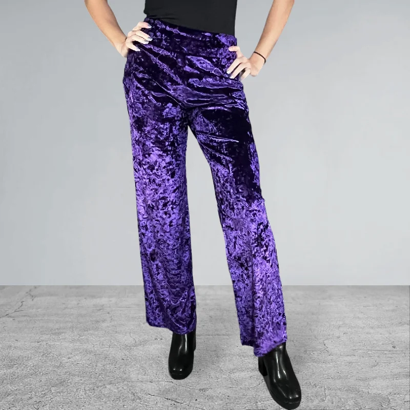Purple Crushed Velvet Straight Wide Leg Pants - Optional Pockets Classic Straight-Leg Pants