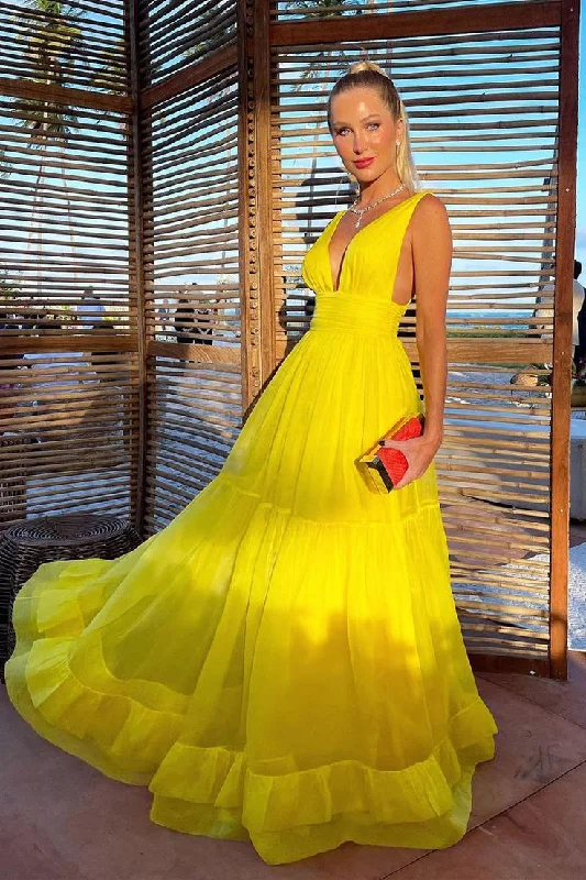 Yellow V Neck A-Line Long Formal Party Dress Chiffon Guest Dress, DP3400 Peplum Ruffle Cocktail