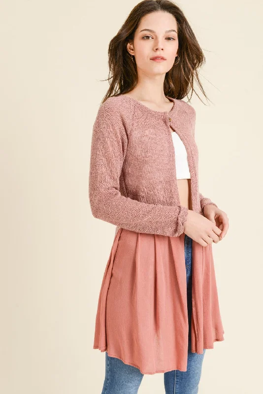 Victoria Ruffle Cardigan Sweater In Mauve Fitted Slim Tailored