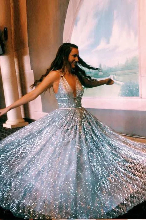 A-line V neck Silver Long Prom Dress Shiny Evening Party Dress OKS25 Tunics Versatile functional A-line V neck Silver Long Prom Dress Shiny Evening Party Dress OKS25 Tunics Versatile functional