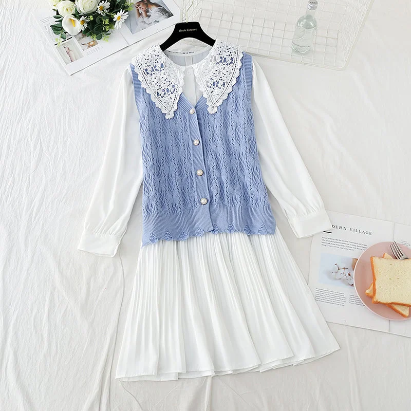 Knitted vest lace doll collar with skirt fairy Sen Department 2263 chiffon skirt lightweight Knitted vest lace doll collar with skirt fairy Sen Department 2263 chiffon skirt lightweight