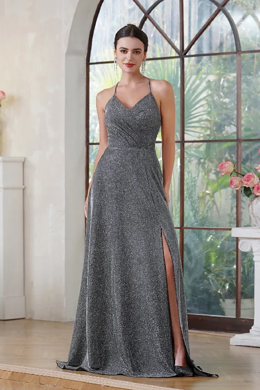 Sleeveless Halter Glitter Prom Dress V-Neck Pleated Side Slit Party Dress with Pocket Tunics Brand named Sleeveless Halter Glitter Prom Dress V-Neck Pleated Side Slit Party Dress with Pocket Tunics Brand named