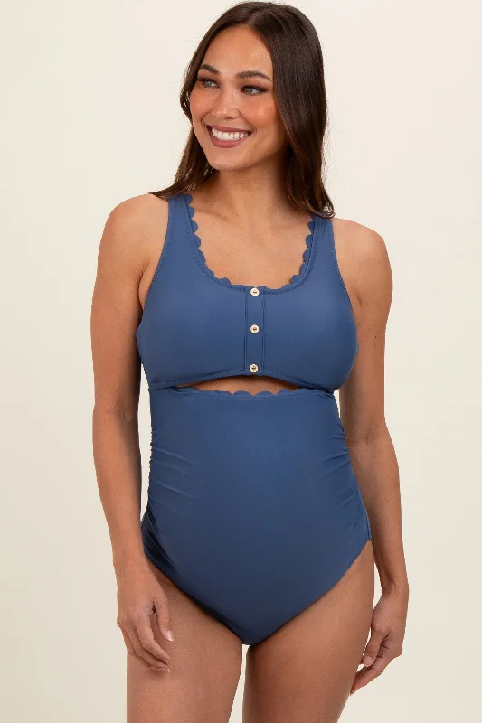Blue Scalloped Cutout Ruched Maternity One Piece Swimsuit Bold High-Cut Bikini