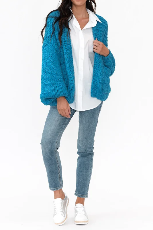 Freddie Blue Knit Pocket Cardigan Neon metallic Matte