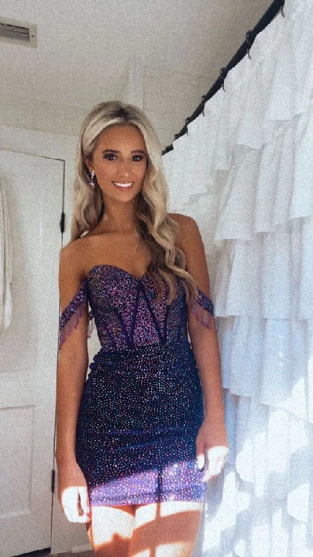 Dark Purple Off Shoulder Beading Short Party Dress Homecoming Dress, DP3427 Tunics Sophisticated sleek Dark Purple Off Shoulder Beading Short Party Dress Homecoming Dress, DP3427 Tunics Sophisticated sleek