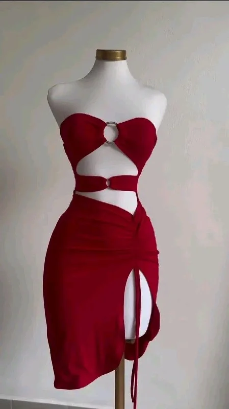 Sexy Red Strapless Cut Out Short Party Dress Cocktail Dress, DP2793 Cowl Neckline Elegant Sexy Red Strapless Cut Out Short Party Dress Cocktail Dress, DP2793 Cowl Neckline Elegant