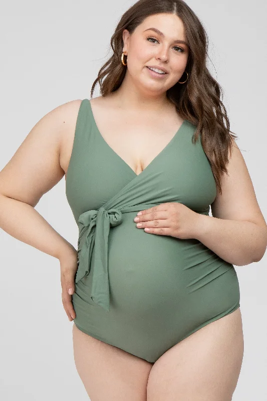 Olive Waist Tie Maternity Plus One-Piece Swimsuit Deep-V Swimsuit Design