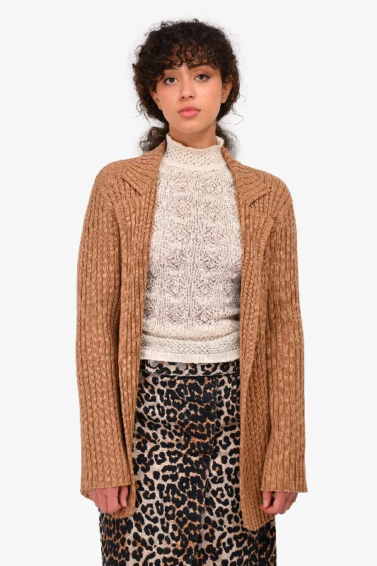 Chloe Brown Ribbed Wool/Cashmere Open Collared Cardigan Size M Slim Fit Regular Fit Oversized