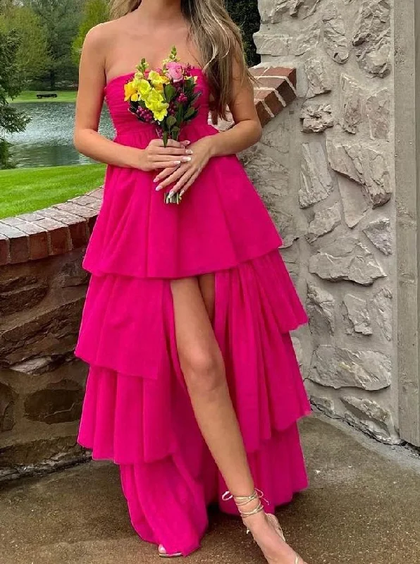 Hot Pink A-Line Strapless Layers Cute Party Dress, DP2581 Satin Halter Glamorous