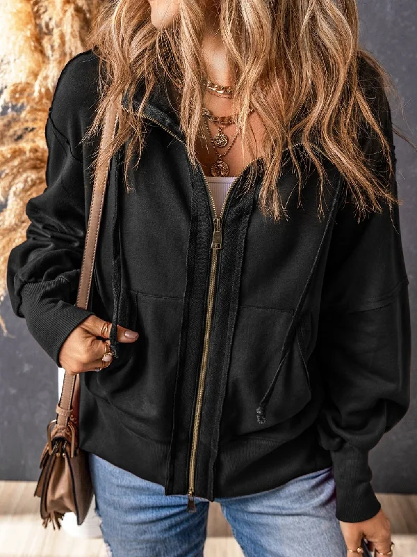 Black Exposed Seam Zip-Up Hooded Jacket Hooded Jacket Caped Jacket Shawl Collar Jacket