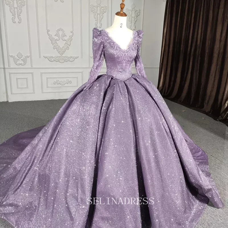 V neck Shiny Purple Ball Gown Evening Party Dress With Long Sleeve DY5622 Boatneck Modish Everyday V neck Shiny Purple Ball Gown Evening Party Dress With Long Sleeve DY5622 Boatneck Modish Everyday