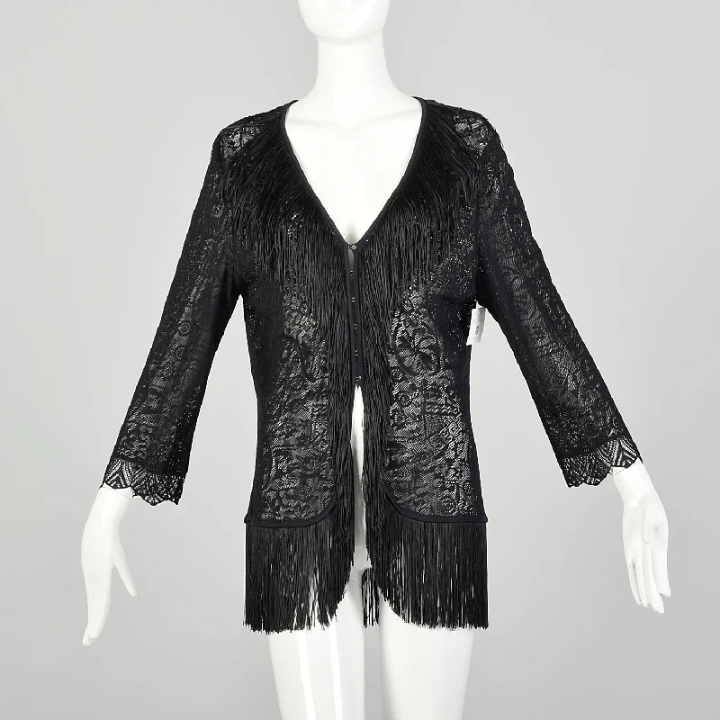 Large 1990s Escada Black Fringe Jacket Goth Sheer Lace Cardigan Velvet Chenille Corduroy