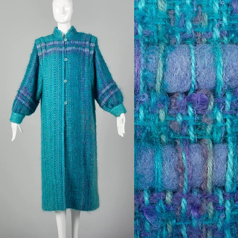 Large 1980s Teal Blue Cardigan Coat Cashmere Blend Cotton Blend Poly Blend